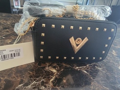 Valentino Orlandi Studded Vegan Leather Shoulder Bag Black Gold Chain Strap
