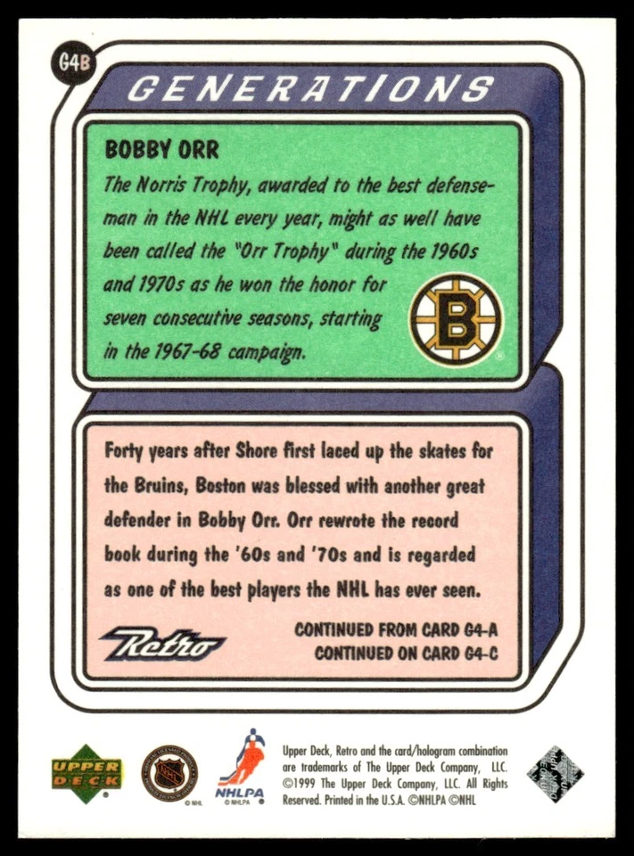 1999-00 Upper Deck Retro Generations Bobby Orr Boston Bruins #G4B - Image 2 of 2