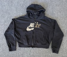 NIKE Sweatshirt Jacket Cropped Hoodie Full Zip Black Gold Logo Swoosh