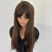 Long Straight Heat Resistant Hair Costume Wigs With Bangs Mixed Brown Soft