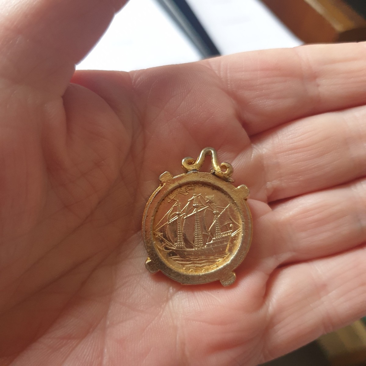 Vintage Coin Pendant Goldtone Ship Golden Hind QE 11 Coin