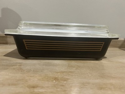 Pyrex Musical Staff Black Gold Lines Space Saver Dish 2qt 575 W/ Lid Vtg