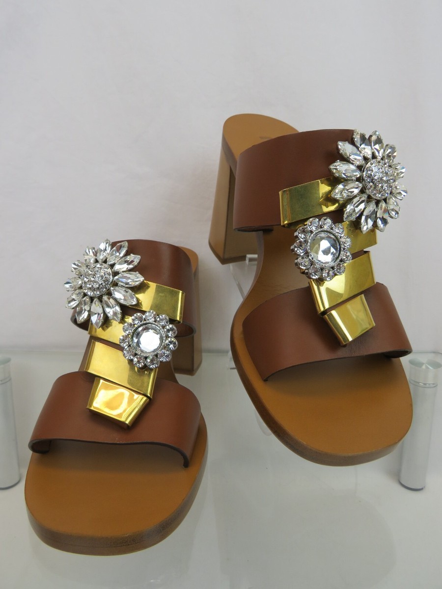 MIU MIU PRADA 5XX443 BROWN LEATHER CRYSTALS JEWELED FLOWER MULES