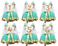 Birthday 1ST 2ND Wedding White Top Aqua Blue Gold Satin Trim Skirt Girl NB-8Y