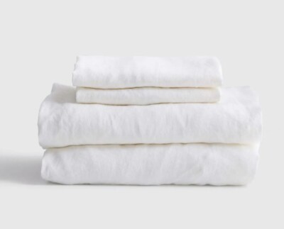 NWOT QUINCE EUROPEAN LINEN FLAT, FITTED 2 PILLOWCASES KING SHEET SET WHITE