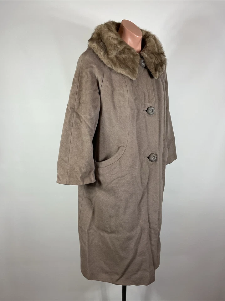 Abrigo de vestir de colección años 60 HECHO EN UNIÓN Opera Swing marrón lana cuello piel M/L noche Foto 3 de 4