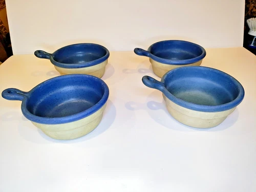 VTG Bennington Potters Blue Agate Soup Bistro Bowl w/ Loop Handle #1894 Vermont