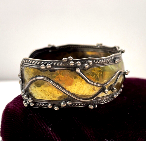 STERLING SILVER BRASS GOLD WASHED ART NOUVEAU FREE FORM BANGLE BRACELET CUFF FAB - Picture 2 of 6
