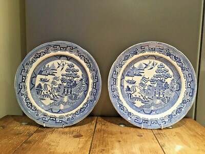 PAIR OF ANTIQUE MID 19TH C DAVENPORT WILLOW PATTERN BLUE WHITE DINNER  PLATES UK
