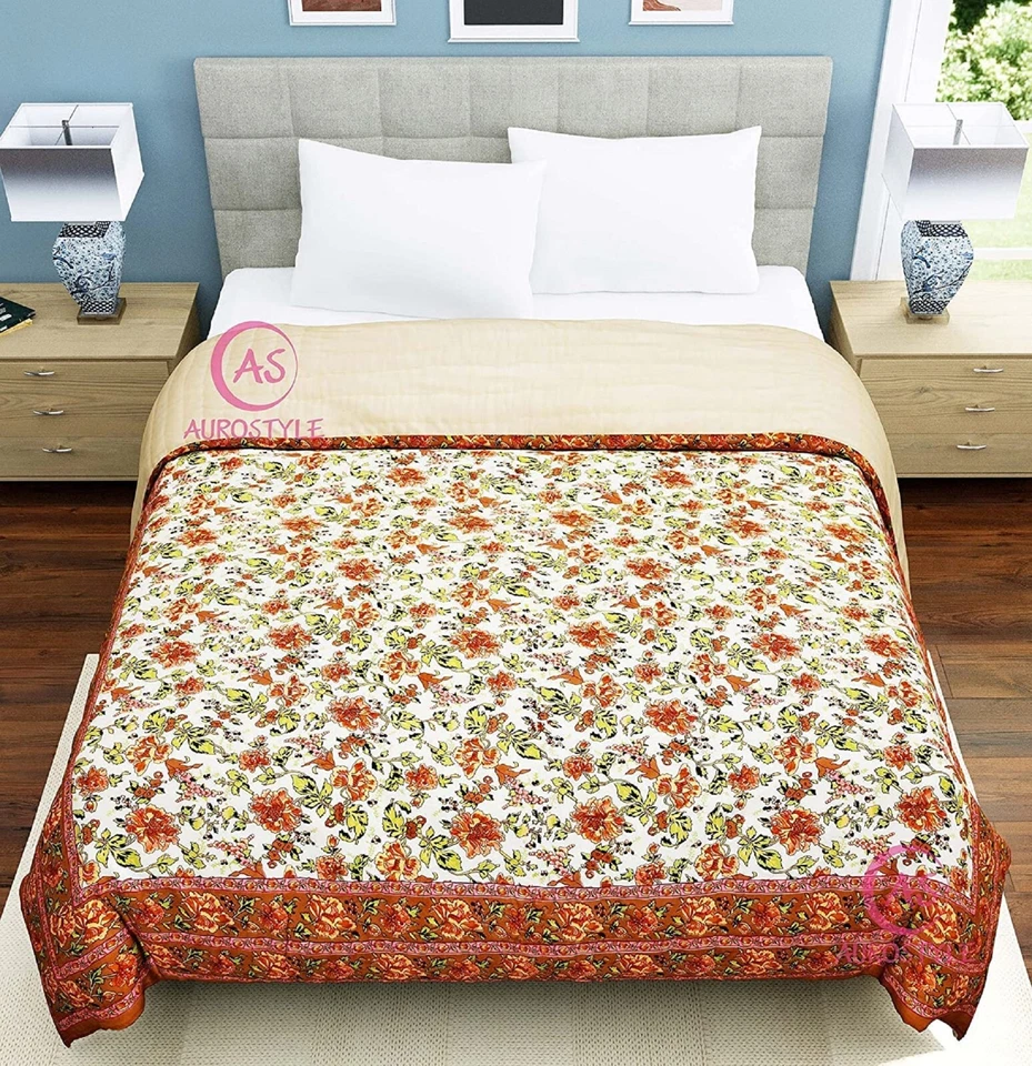 Colcha acolchada Jaipuri Razai edredón floral hecho a mano de algodón indio Foto 3 de 4