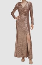 Eliza J Women's Gold Sequined V-Neck Draped-Bodice Gown Dress Size 6
