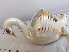 VINTAGE OPALESCENT marked USA 22 Carat GOLD TRIM Swan Planter 5" Tall 8" Long