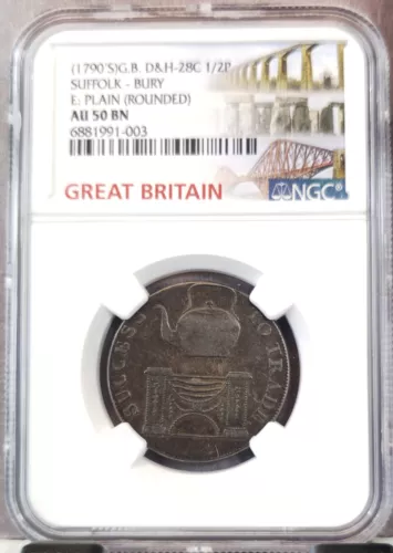 1790 GREAT BRITAIN 1/2 PENNY D&H 28C SUFFOLK BURY PLAIN EDGE NGC AU 50 BN SCARCE