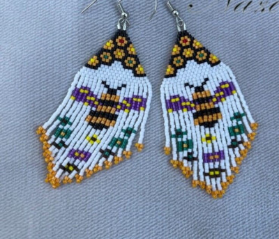 Tribal Earrings Native Large Boho American Seed Beads Handmade Earring