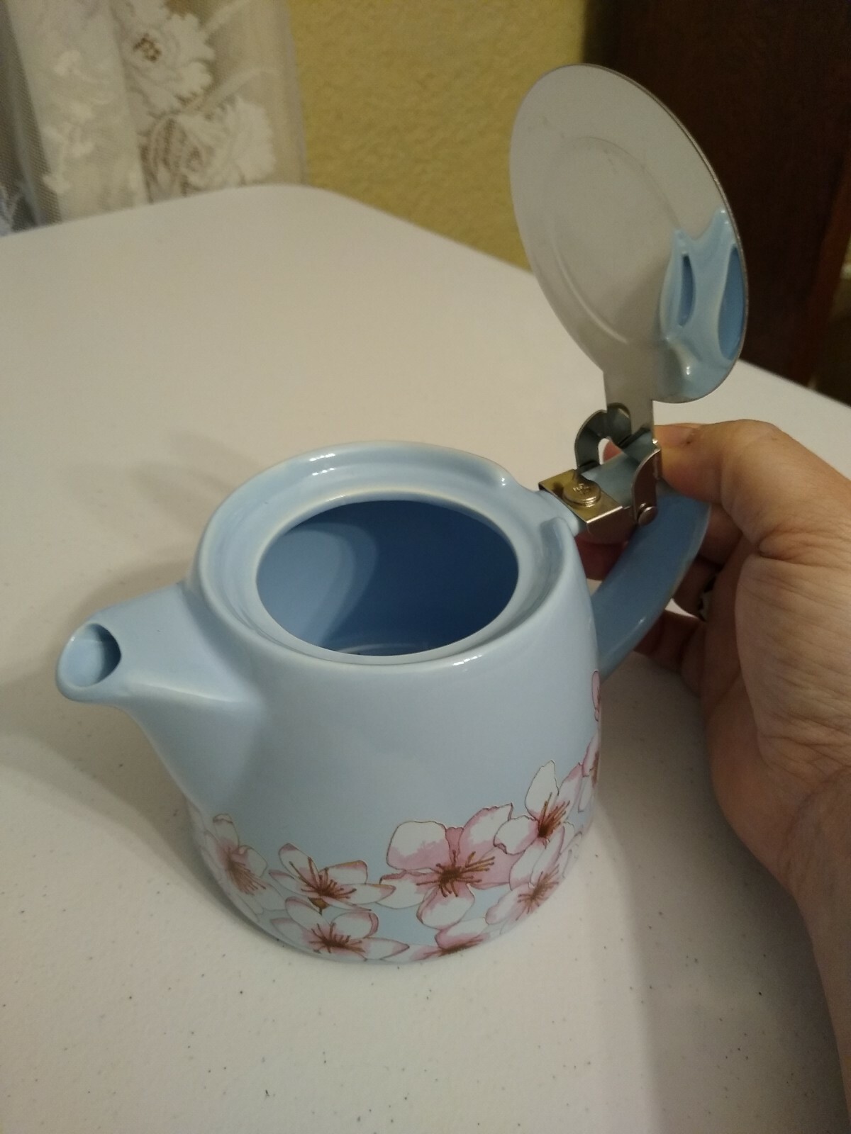 Blue Ceramic Teapot With Infuser Basket Aluminum Lid Cherry Blossom
