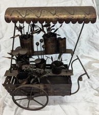 Vintage Flower Cart Metal Sculpture 3D Art Decor