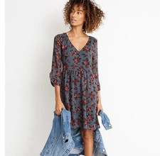 Madewell Gray Floral Moonblossom 3/4 Ruffle Sleeve Button Dress Winter Orchid 2