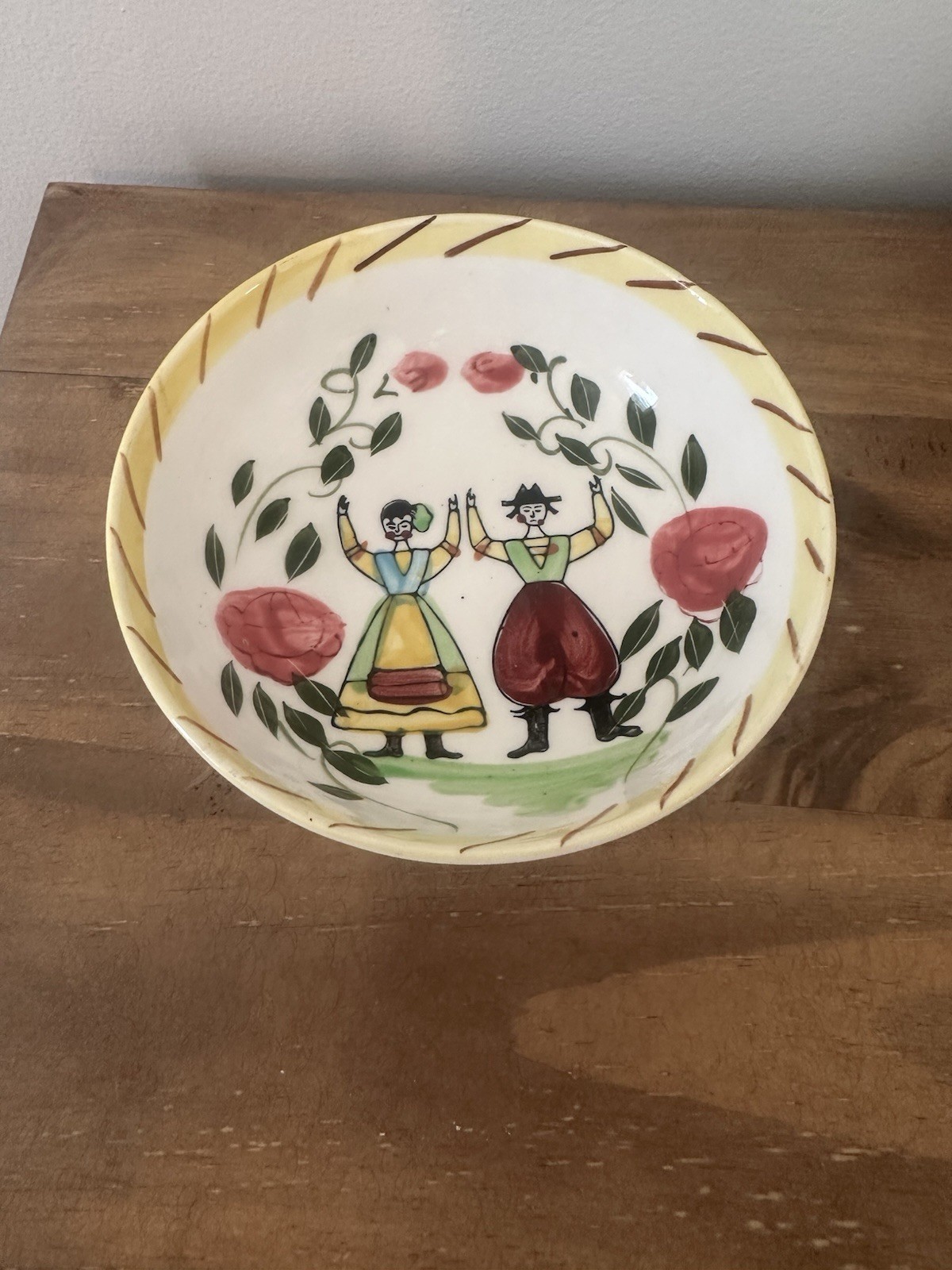 Pennsylvania Dutch Design  Vintage Hand Painted Ceramic Bowl 6”W
