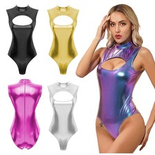 US Womens Shiny Metallic Leotard Turtleneck Bodysuit Sleeveless Party Catsuits