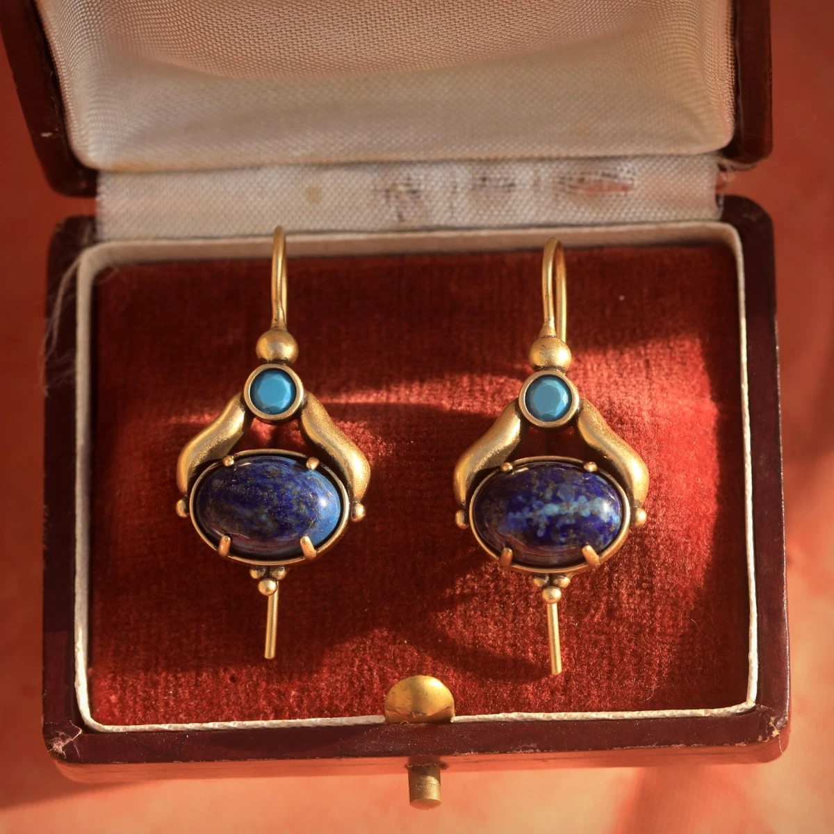 Boucles D'oreilles Crochet Doré – Grosse Perle Lapis Lazuli Bleu – Vintage Style – DZ3 – Neuf Sans Boîte