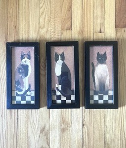 Cindy Sampson Vintage Framed Cat Prints Folk Art Set of 3 Calico Tuxedo Tortie