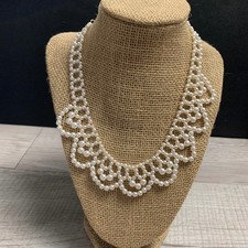 Vintage Faux Pearl Bib Necklace White Scalloped Collar Statement Gold Tone 18"