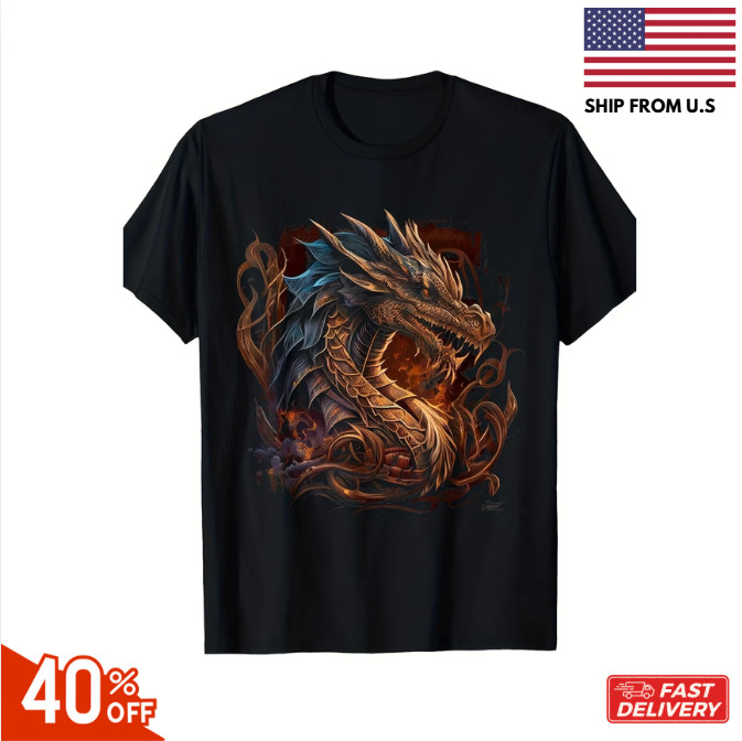 Men'S Vintage Dragon Graphic T-Shirt - Fantasy Art Tee with & Golden Dragon Prin