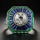 Art-Deco Style Lab-Grown Diamond, Sapphire & Emerald Ring In 14K White Gold FN