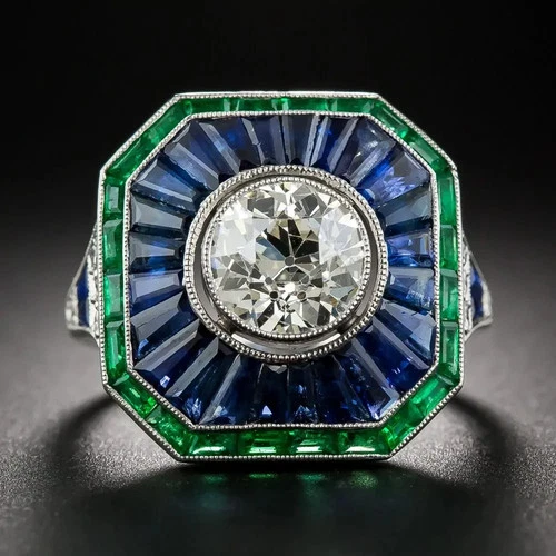 Art-Deco Style Lab-Grown Diamond, Sapphire & Emerald Ring In 14K White Gold FN