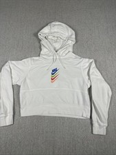 Nike Crop Hoodie Womens XS White Stacked Swoosh Oversized Pullover Sweatshirt