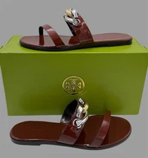 NEW! Tory Burch JESSA EQUESTRIAN Sandal TWO BAND Brown Patent LEATHER SZ US 9
