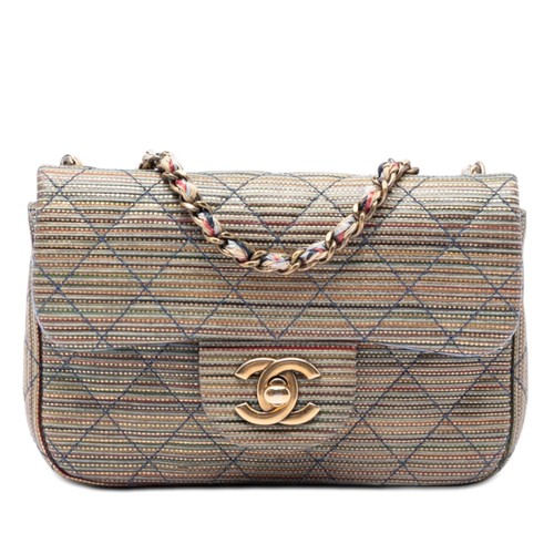 Chanel Paris Seoul Mini Metallic Lambskin Striped Flap Shoulder Bag Blue