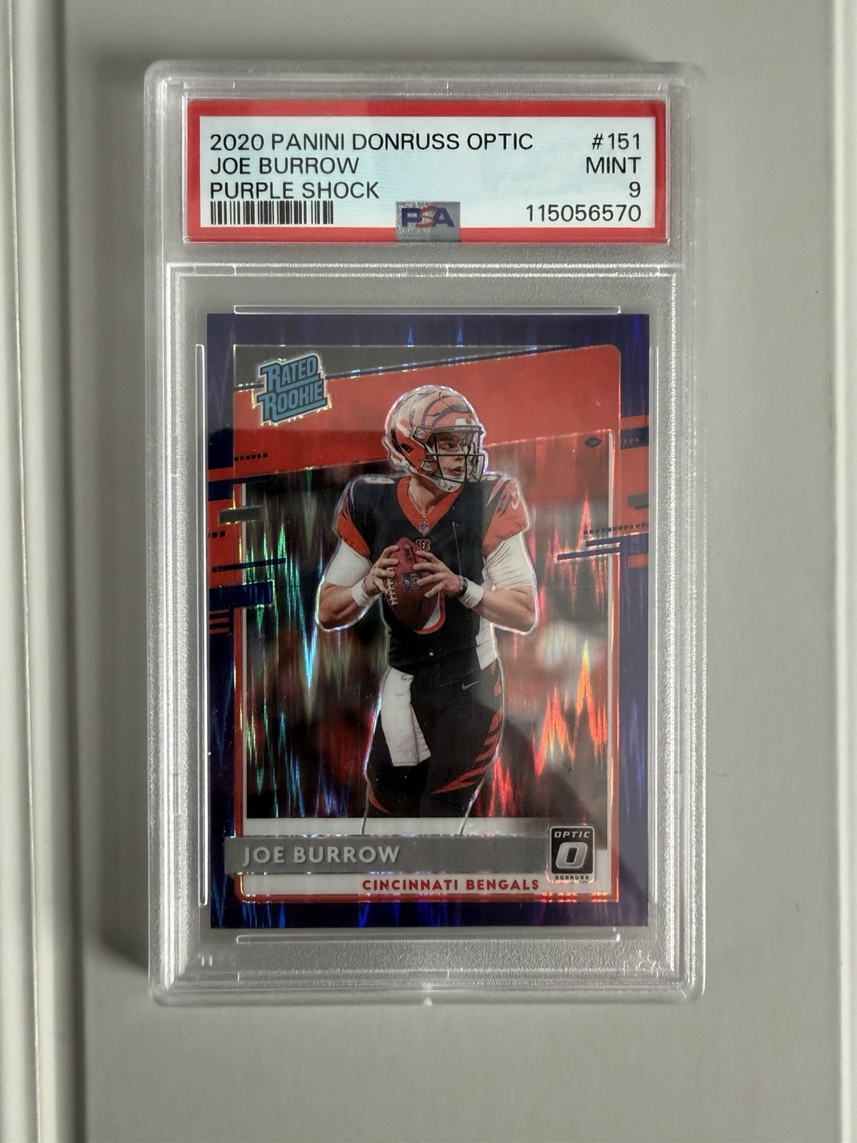 Panini 2020 Donruss Optic Rated Rookies Joe Burrow #151 Purple Shock PSA 9