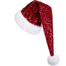 Long Santa Hat Sequin Christmas Hat For Adults New Year Festive Party Cap