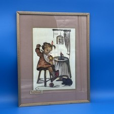 Hummel Mother's Helper Framed Print 12x15" Girl Sewing Cat