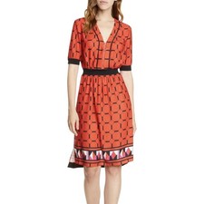 Ted Baker London Valent Zip Detail Red Geometric Print Ribbed Waist Midi Dress
