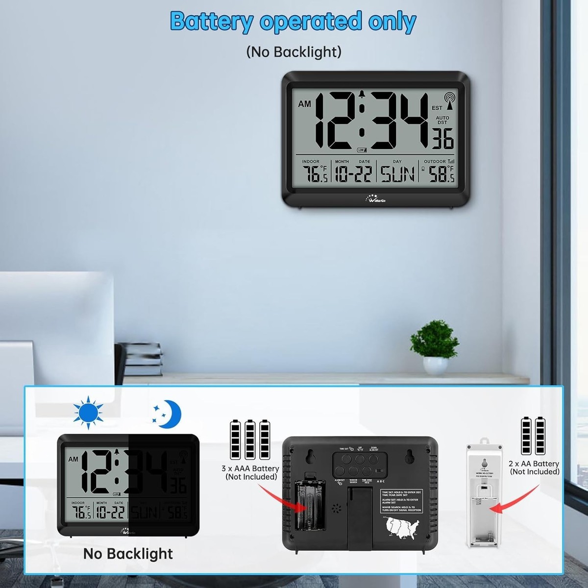 Modern Atomic Wall Clock - Self-Setting, Indoor Outdoor Temp | eBay