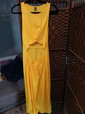 Women’s Solid Yellow Rayon Jersey Maxi Dress Scoop Neck Knot Front Size L