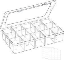 15 Grids Large Plastic Organizer Box with Adjustable Dividers, Clear Craft Organ