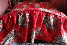 vintage French Marignan red & grey roses floral bed spread fitted SMALL DOUBLE