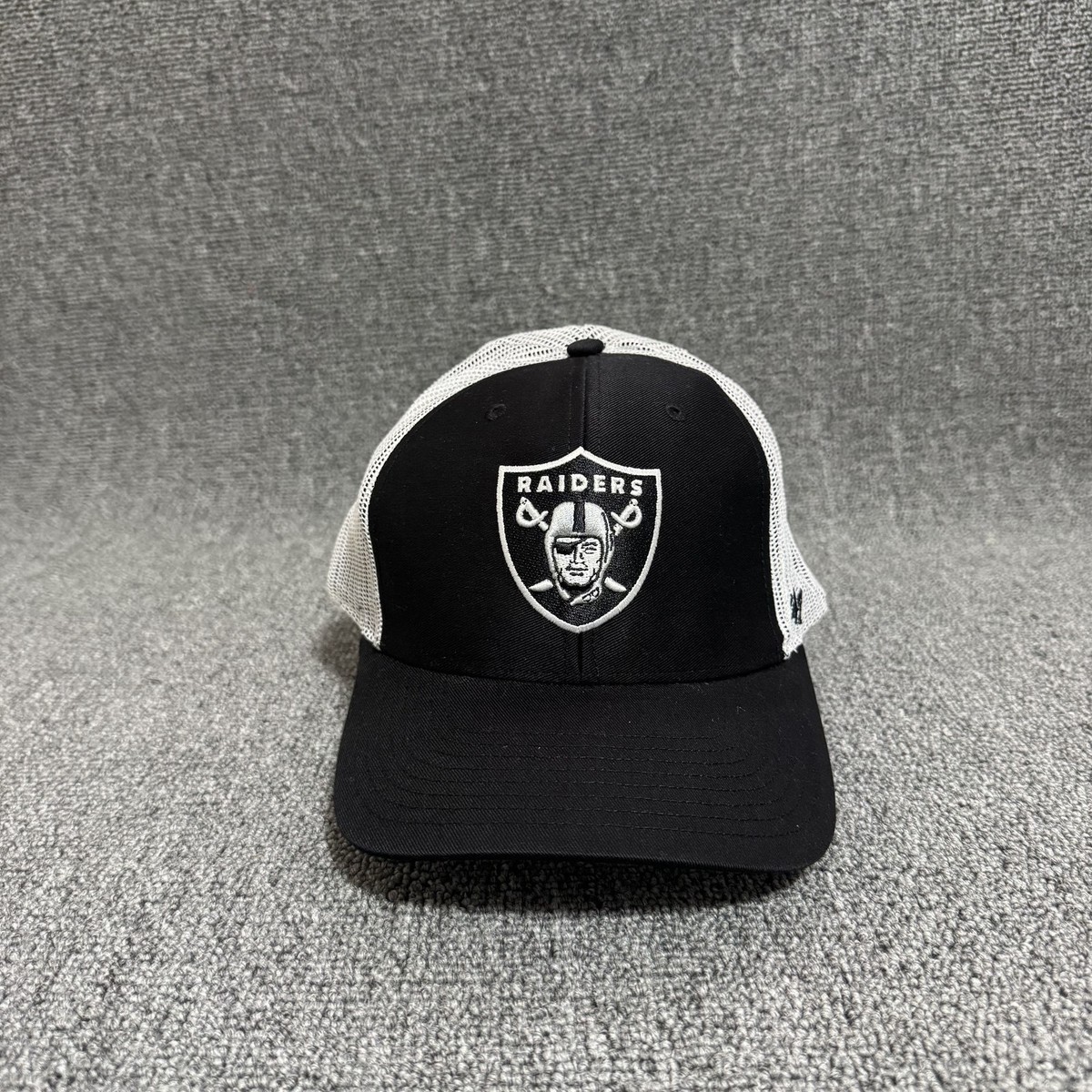 47 Brand Raiders Trucker Snapback Black White Mesh Back Hat