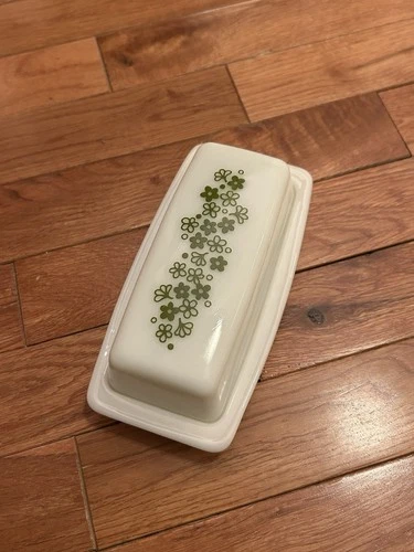 Pyrex Corelle Crazy Daisy Spring Blossom Butter Dish Vintage Green, 1/4 Pound