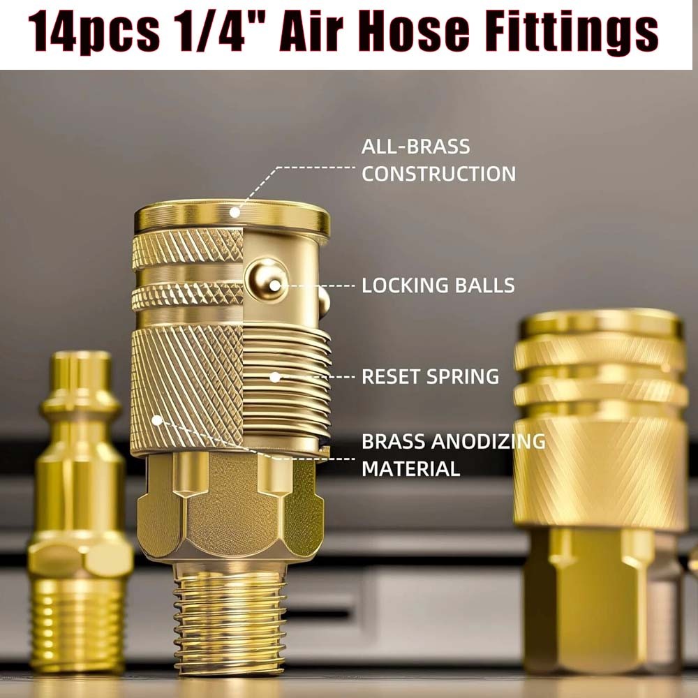 Brass Air Hose Fittings Kits 14PCS Set, Quick Connect Air Compressor Accessory