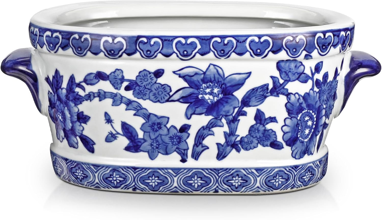Blue and white ceramic floral oval cachepot planter vase
