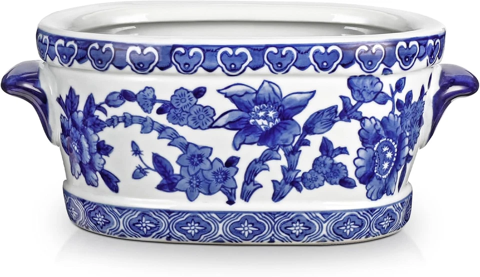 Blue and White Ceramic Planter Pot – Vintage Floral Oval Cachepot Vase for Indoo - Image 1 of 4