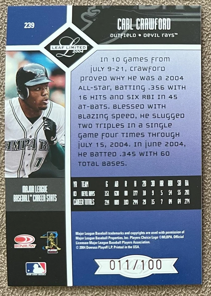 2004 Leaf Limited Bronze Spotlight Carl Crawford /100 Tampa Bay Devil Rays #239 - Image 2 of 2