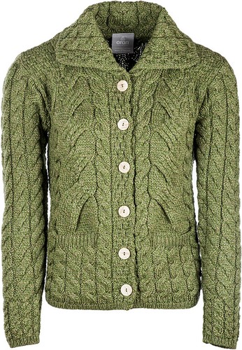 Ladies 6 Button Cable Merino Wool Cardigan by Aran Mills - Moss Green