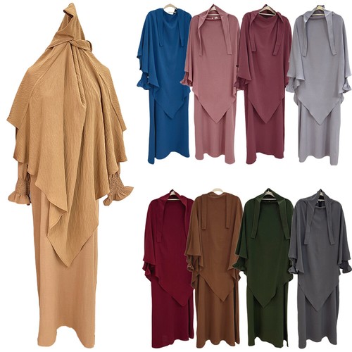 2 Piece Muslim Women Prayer Overhead Hijab Abaya Maxi Dress Set Kaftan Arab Robe - Imagen 15 de 117