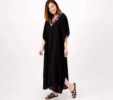 America and Beyond Embroidered V Neck Caftan-Midnight Butterfly-M/L A553150 NEW