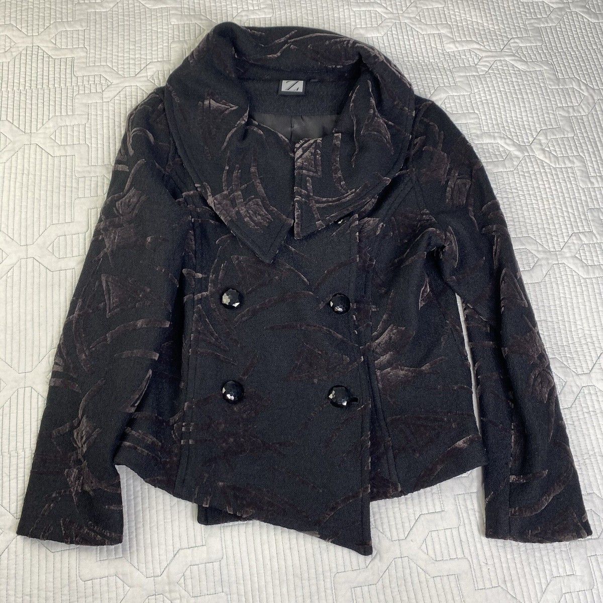 Z Women's Sz M Black Boiled Wool Flocked Velvet Short Pea Z Women's Sz M Black Boiled Wool Flocked Velvet Short Pea
